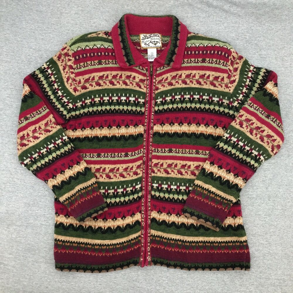 Vintage Heirloom Collectables Sweater Womens Small Red Green 90s Knit Full Zip